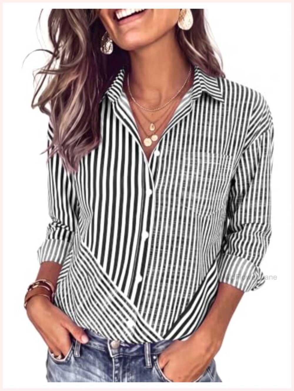 Women's Asymmetric Striped Button Down Shirt Long Sleeve Casual Blouse